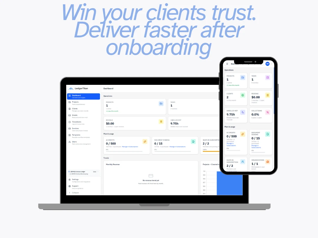 LedgerTitan dashboard on desktop and mobile